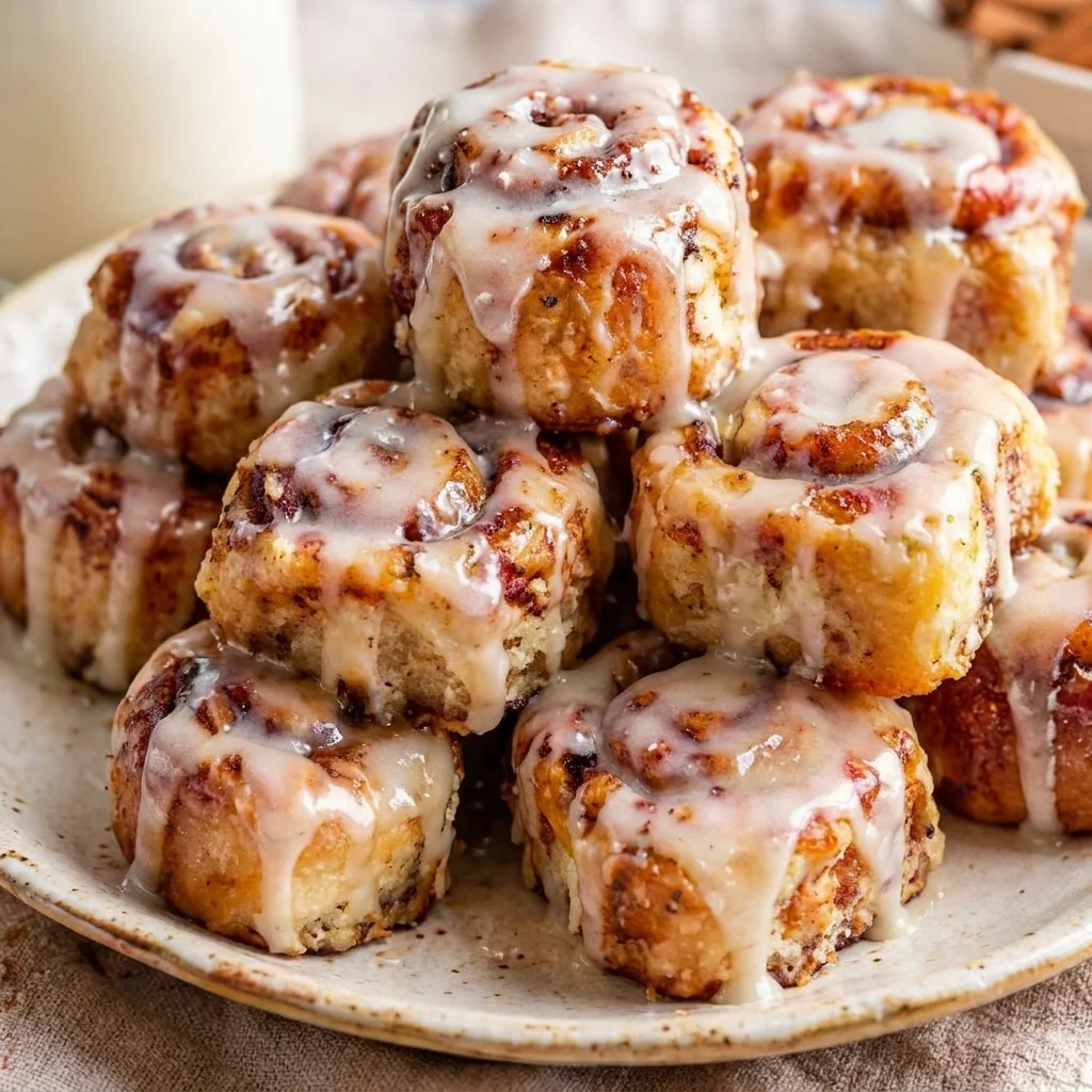 cinnamon roll bites with gooey center and icing glaze, easy sweet snack