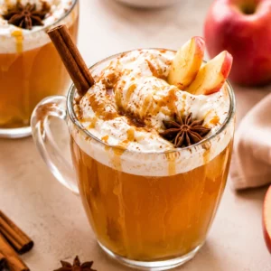 Overhead view of homemade spiced apple cider in a rustic mug with cinnamon stick and apple slice, cozy fall drink, warm holiday beverage, and autumn comfort recipe