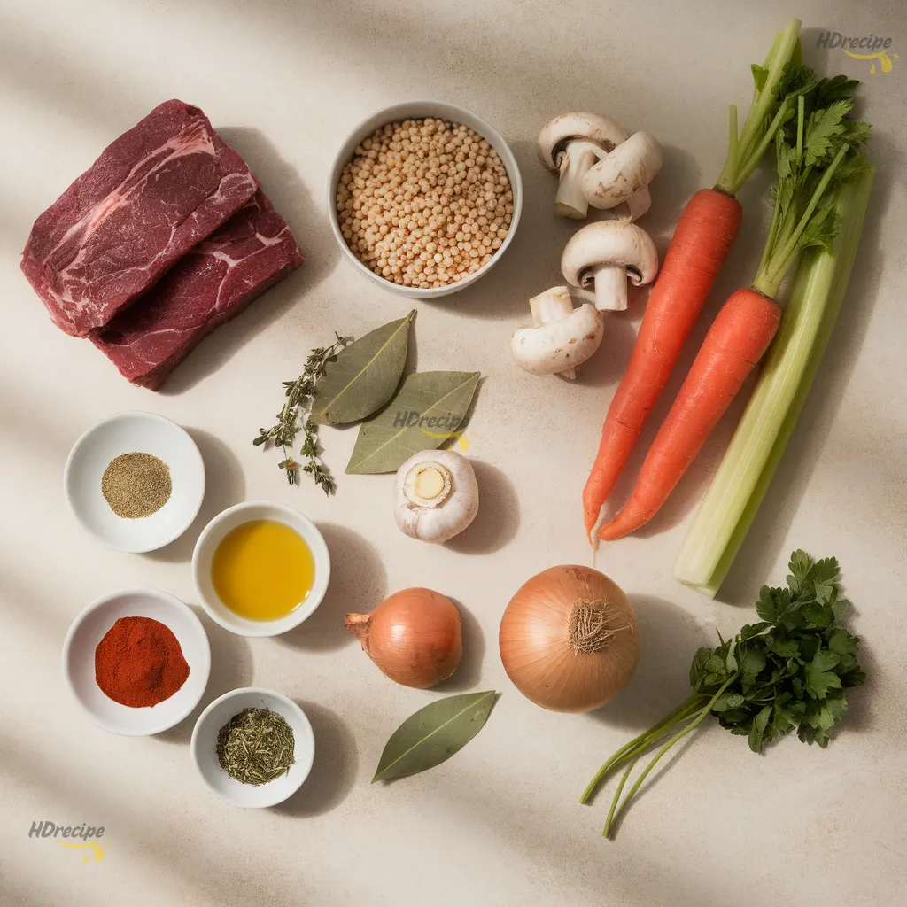 Ingredient Flat lay of fresh ingredients for hearty beef barley soup on a beige counter—beef cubes, barley, carrots, celery, mushrooms, herbs, and spices.