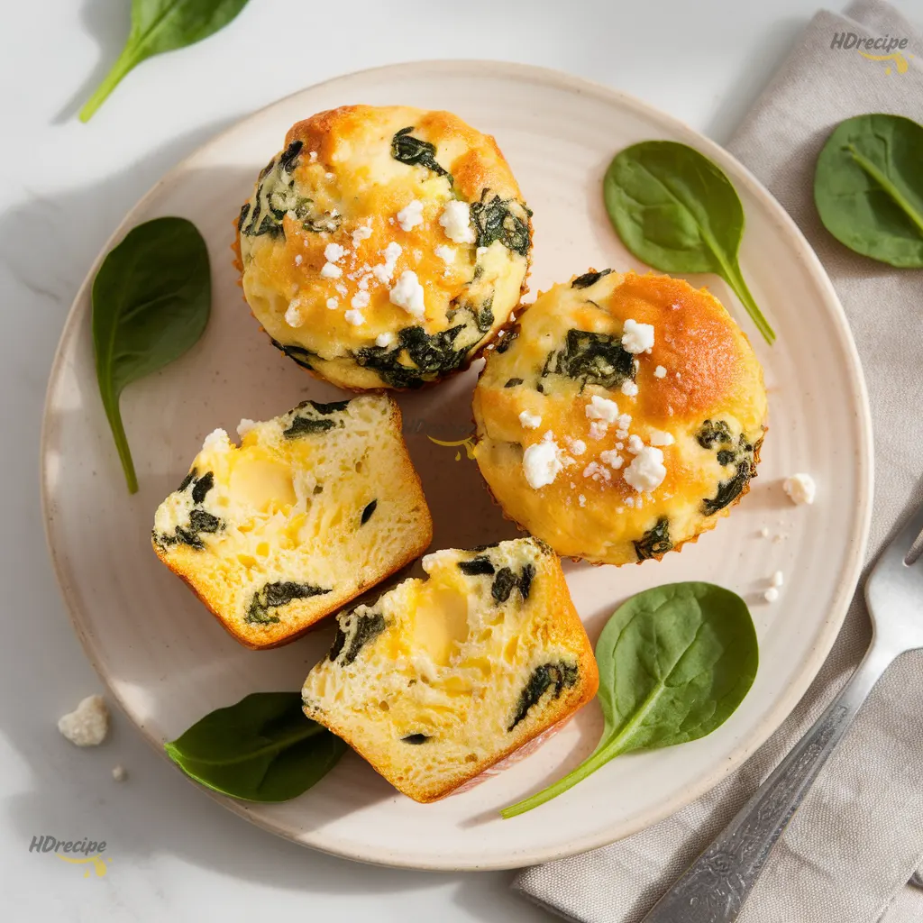 Serving Spinach and feta egg muffins cut open to show fluffy texture — healthy make-ahead breakfast idea packed with protein.