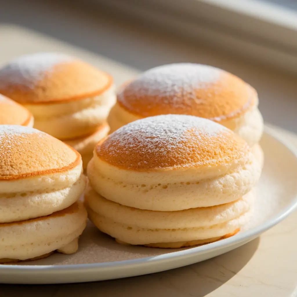 Fluffy Japanese souffle pancakes stacked with syrup and berries
