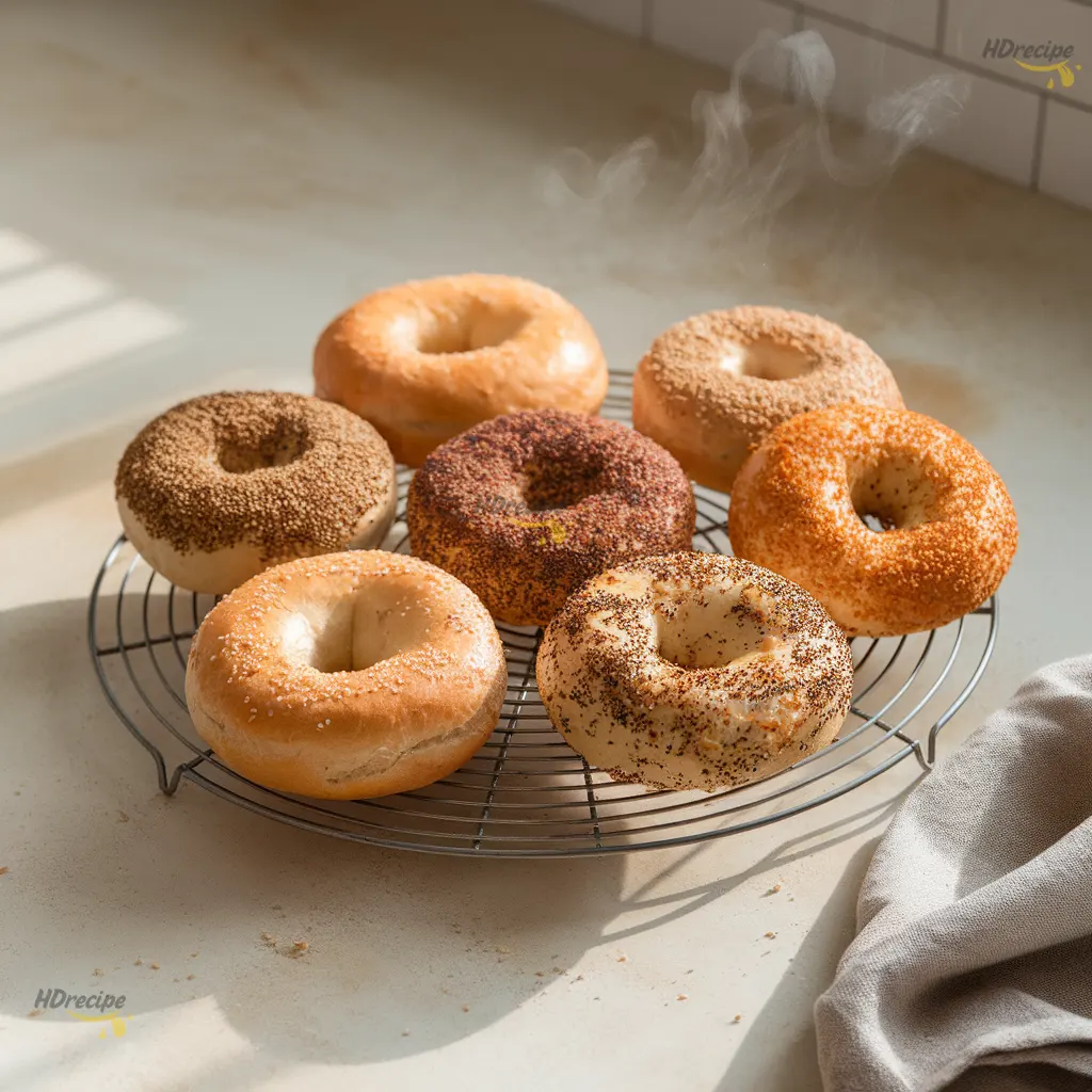 baked-gluten-free-bagels-cooling Freshly baked gluten free bagels cooling on wire rack.