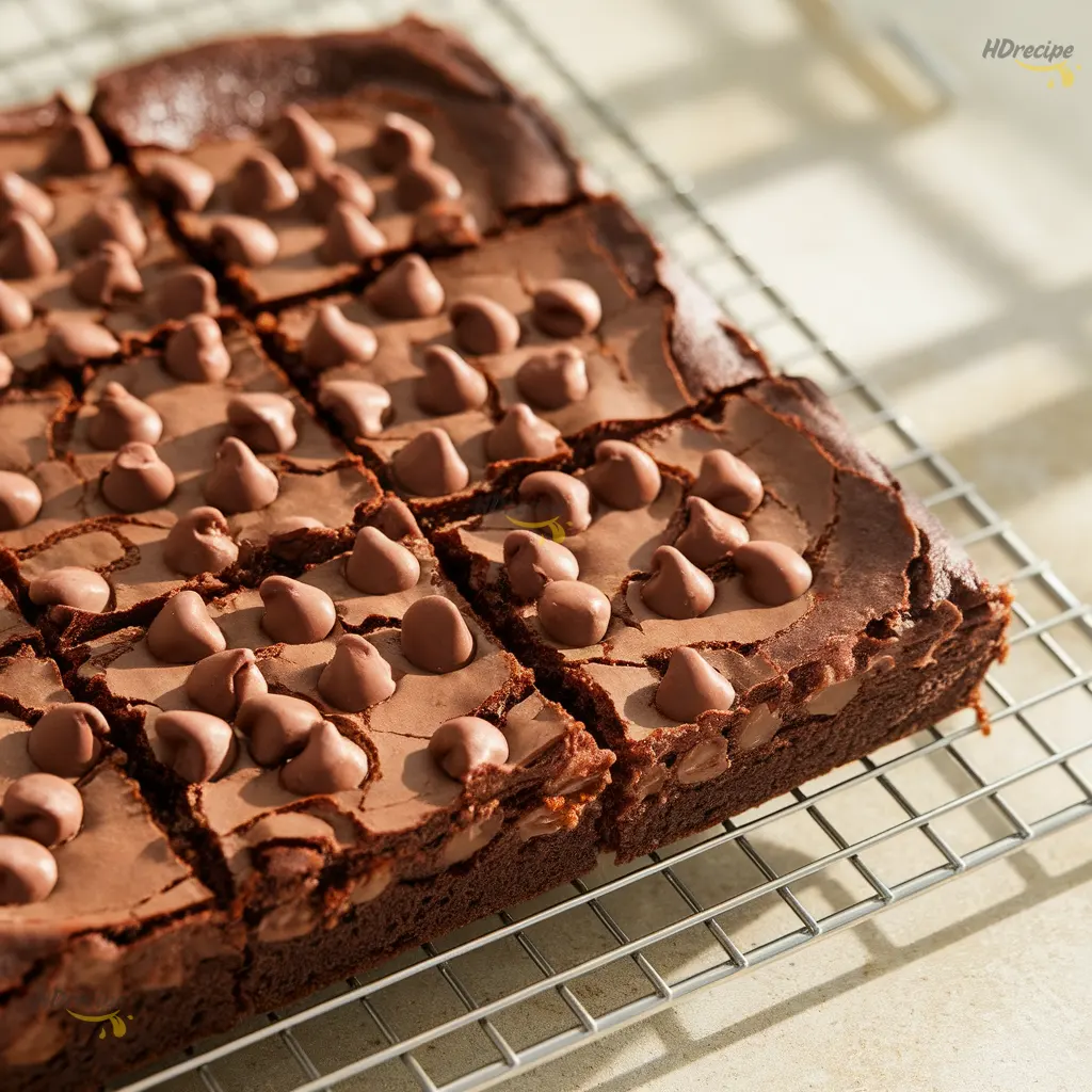 baked-zucchini-brownies-cooling Freshly baked gluten-free zucchini brownies cooling in a pan on a wire rack with shiny cracked tops and melted chocolate chips.