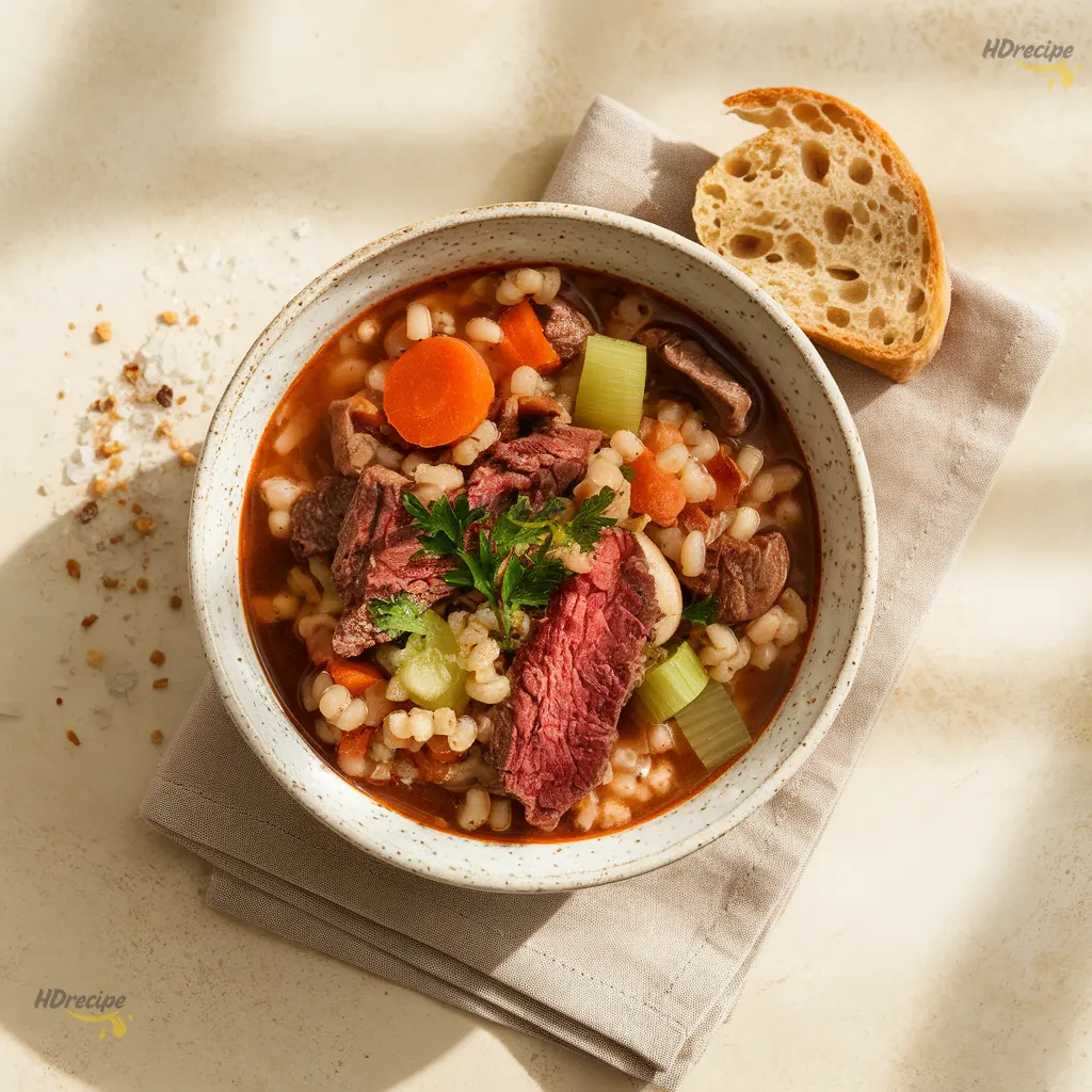 beef-barley-soup-served-with-crusty-bread Bowl of hearty beef barley soup served with crusty bread on a beige counter, bright natural light highlighting texture.