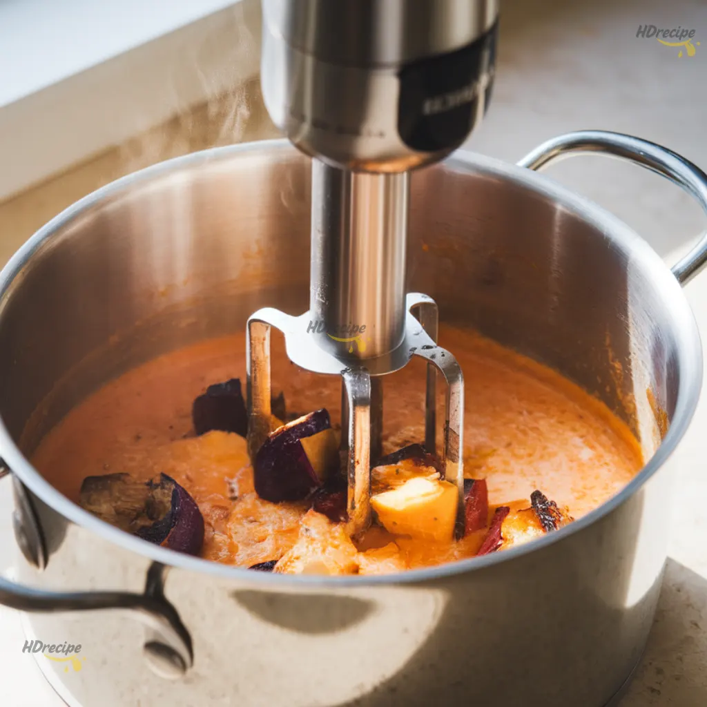 blending-roasted-vegetable-soup Immersion blender mixing roasted veggie soup