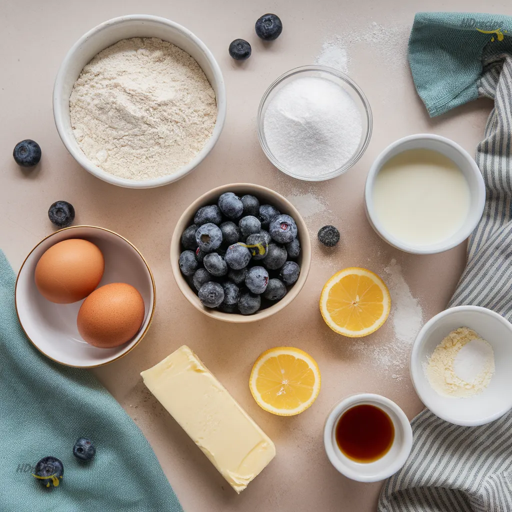 blueberry-donut-ingredients-flatlay Overhead shot of measured blueberry donut ingredients on a light beige counter, including flour, sugar, eggs, butter, milk, and fresh blueberries.