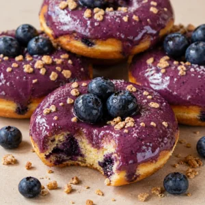 Blueberry donuts stacked with shiny purple glaze dripping down, sliced donut revealing soft crumb with blueberry bits