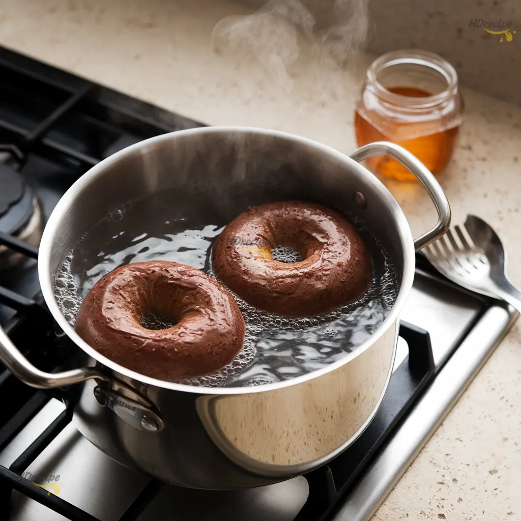 boiling-chocolate-bagels Two chocolate bagels boiling in a stainless steel pot of water with honey jar and slotted spoon nearby