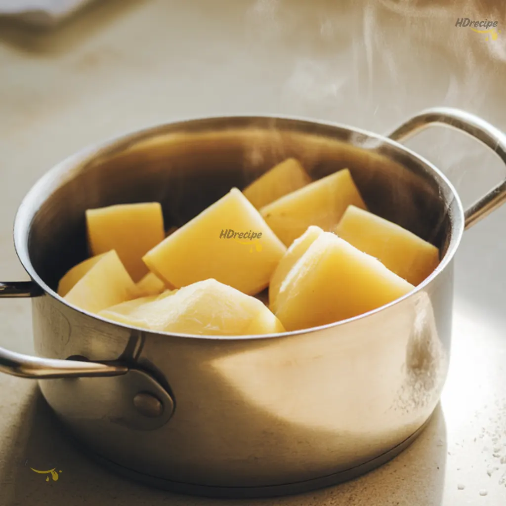boiling-potatoes-for-thai-crab-cakes Cubed russet potatoes boiling in a small pot of salted water.