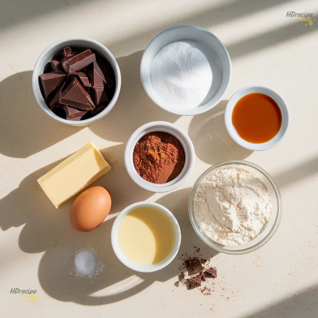 brownie-caramel-ingredients-flatlay Top-down shot of brownie and caramel ingredients on a beige counter — chocolate, butter, eggs, sugar, cocoa, and cream.