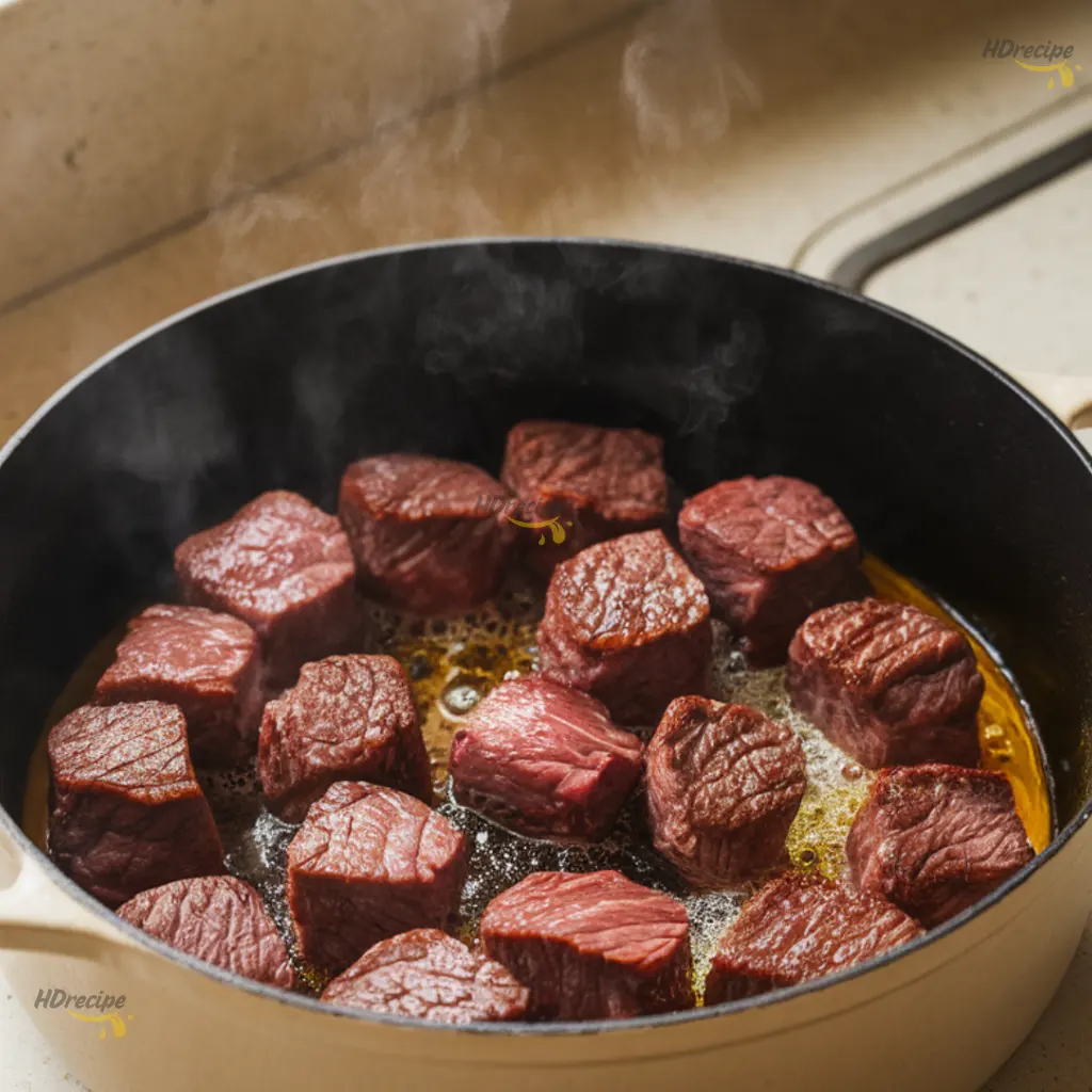 browning-beef-for-beef-barley-soup Cubes of beef searing in a Dutch oven, creating golden brown crust and flavor base for hearty beef barley soup.