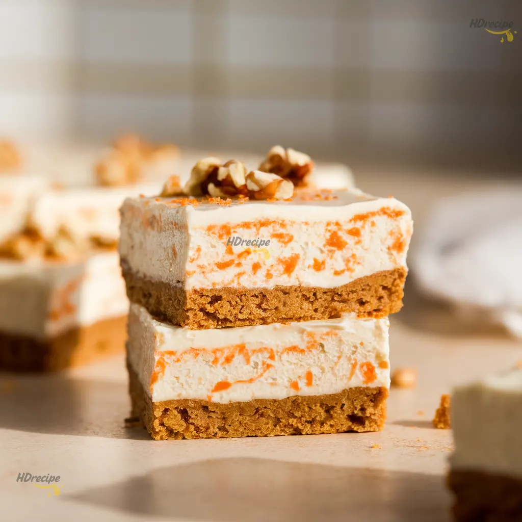 carrot-cake-cheesecake-bar-with-walnuts Single carrot cake cheesecake bar topped with chopped walnuts and cream cheese drizzle on a white plate set on a light beige countertop, bright natural lighting.
