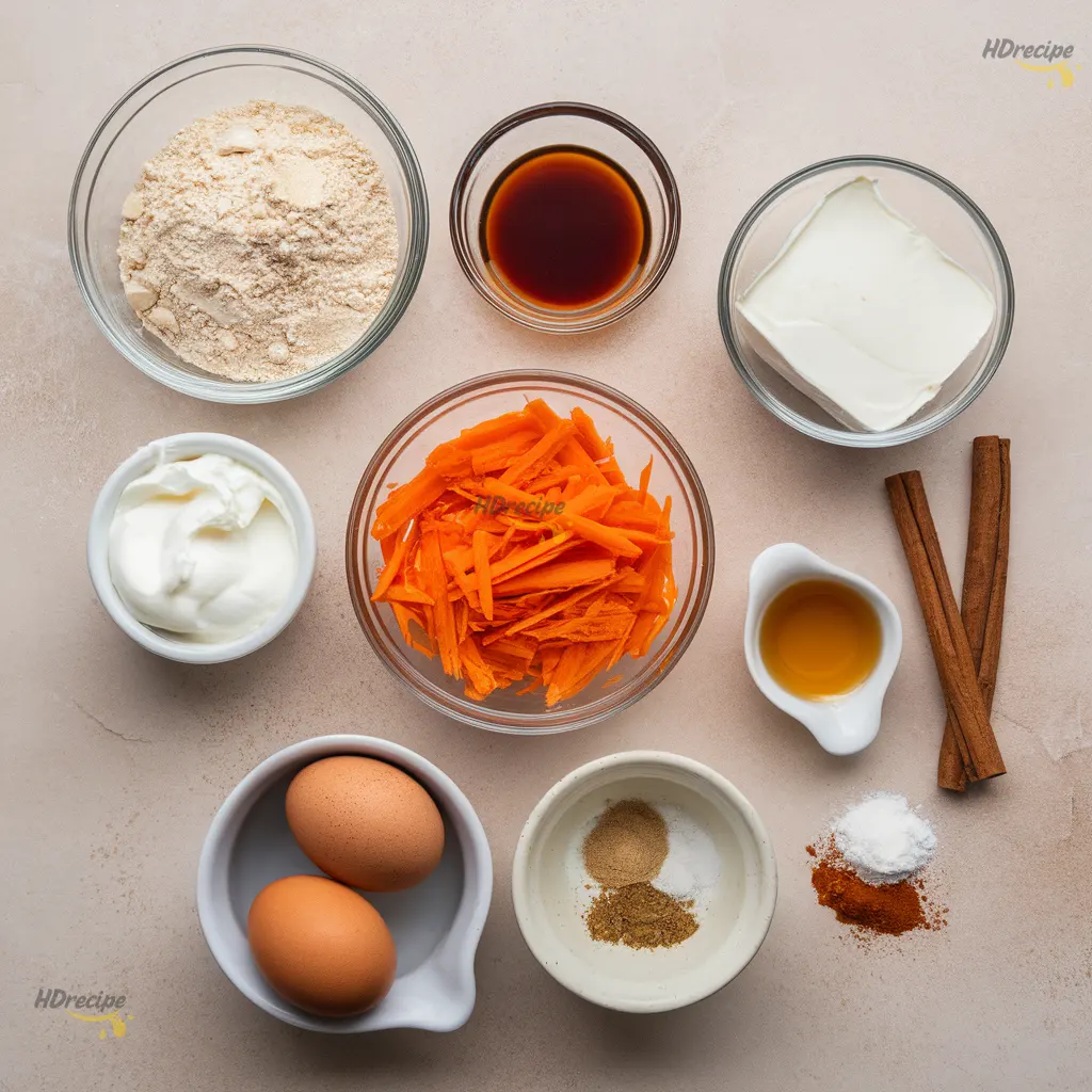 carrot-cake-cheesecake-bars-ingredients Top-down view of ingredients for high protein carrot cake cheesecake bars on a light beige countertop, including almond flour, cream cheese, Greek yogurt, shredded carrots, eggs, honey, and spices in small bowls.