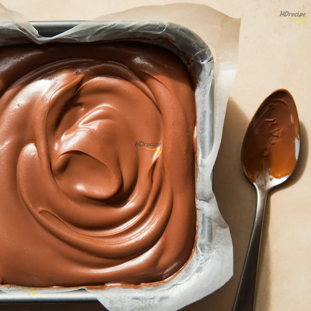 chilling-caramel-chocolate-ganache Overhead shot of smooth caramel-chocolate ganache with a glossy medium-dark brown color in a parchment-lined dish.
