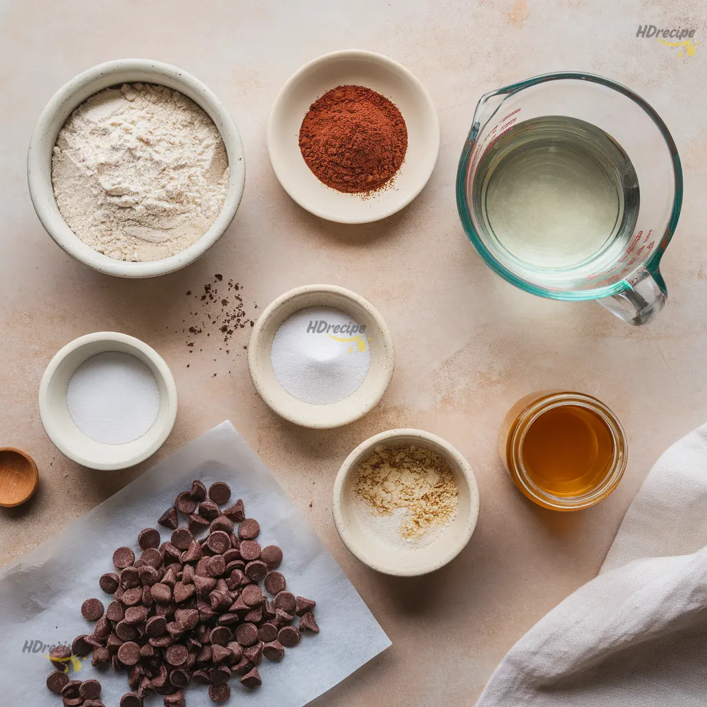 chocolate-bagel-ingredients-flatla Flat lay of bread flour, cocoa powder, yeast, sugar, salt, chocolate chips, and honey.