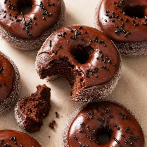 Chocolate yeast donuts stacked with shiny glaze and soft fluffy interior visible in a cut-open donut