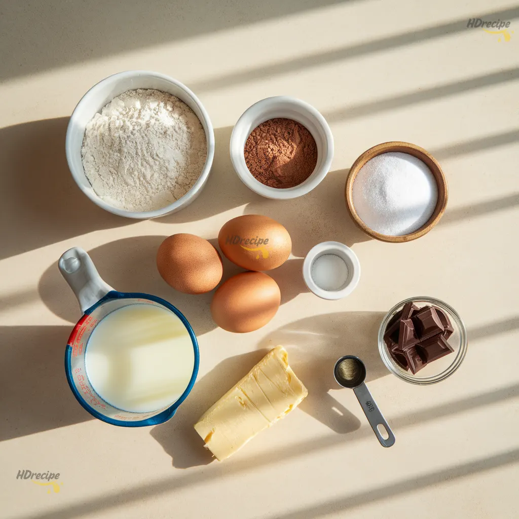 chocolate-yeast-donuts-ingredients-flatlay Top-down view of chocolate yeast donut ingredients on a beige countertop — flour, cocoa, sugar, eggs, butter, and dark chocolate pieces arranged naturally.