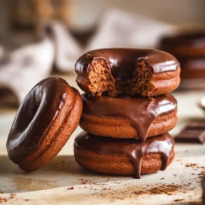 Close-up stack of homemade chocolate yeast donuts with glossy dripping glaze and one cut open showing fluffy interior.