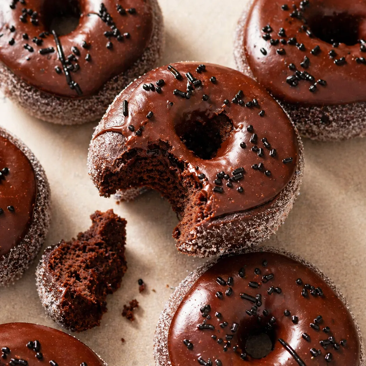 Chocolate yeast donuts stacked with shiny glaze and soft fluffy interior visible in a cut-open donut