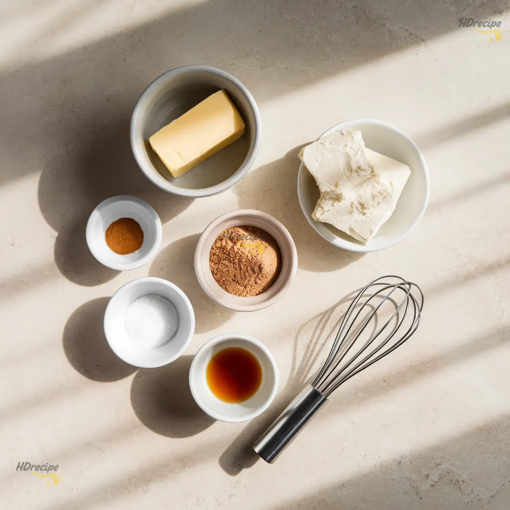 cinnamon-roll-bites-ingredients-flatlay Top-down photo of all cinnamon roll bite ingredients — biscuit dough, brown sugar, cinnamon, butter, and cream cheese