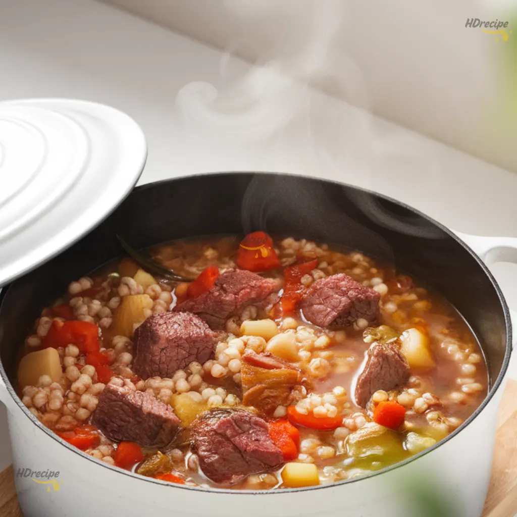 close-up-hearty-beef-barley-soup-texture Dutch oven filled with simmering beef barley soup, tender beef chunks, barley, and vegetables in flavorful broth.