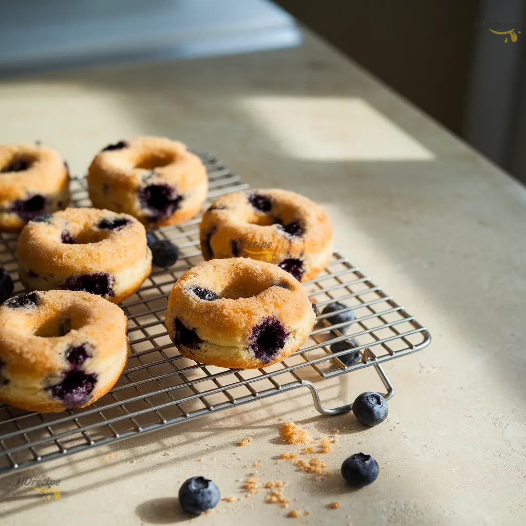cooling-blueberry-donuts-on-rack Freshly baked blueberry donuts with golden edges cooling on a wire rack, blueberry specks visible in the crumb.