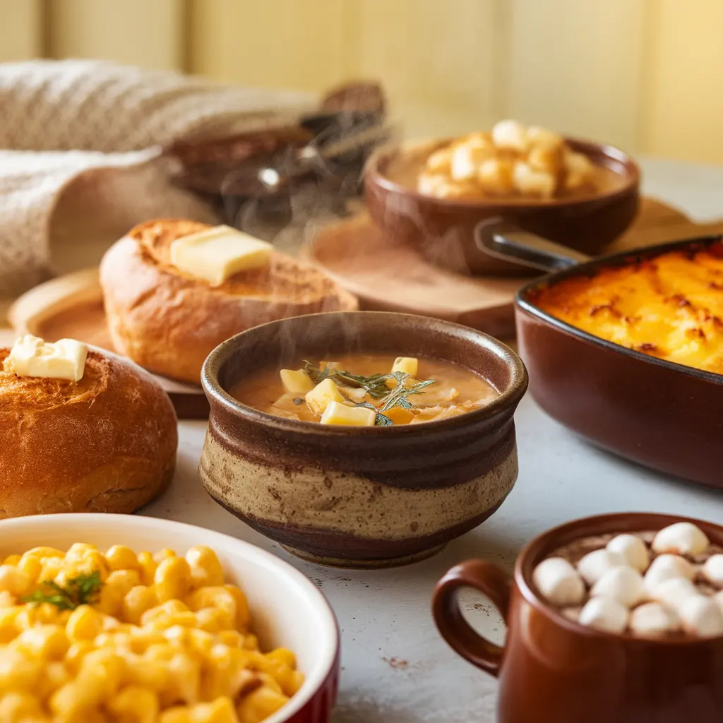 Warm comfort food recipes including steaming soup, freshly baked bread, bubbling casserole, and hot chocolate creating a cozy homemade meal atmosphere.