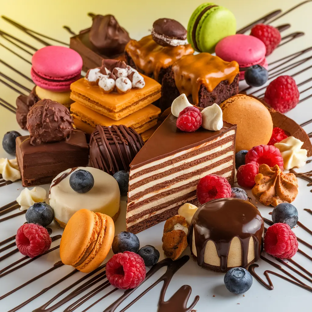 Indulgent dessert spread featuring chocolate cake, brownies, truffles, cookies, cheesecake, and fresh berries showcasing homemade sweet treats and baked goods.