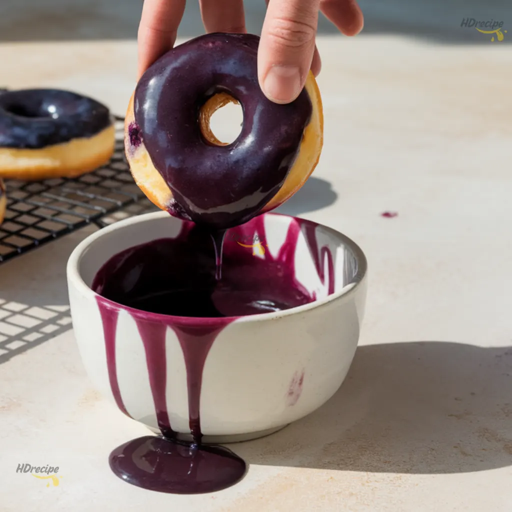 dipping-blueberry-donut-in-glaze Blueberry donut with visible blueberry specks being dipped into a bowl of thick dark purple glaze, with neatly glazed donuts cooling on a rack behind.