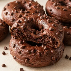 Double chocolate chip bagels stacked high with glossy finish, melted chocolate chips, and cocoa dust on cooling rack