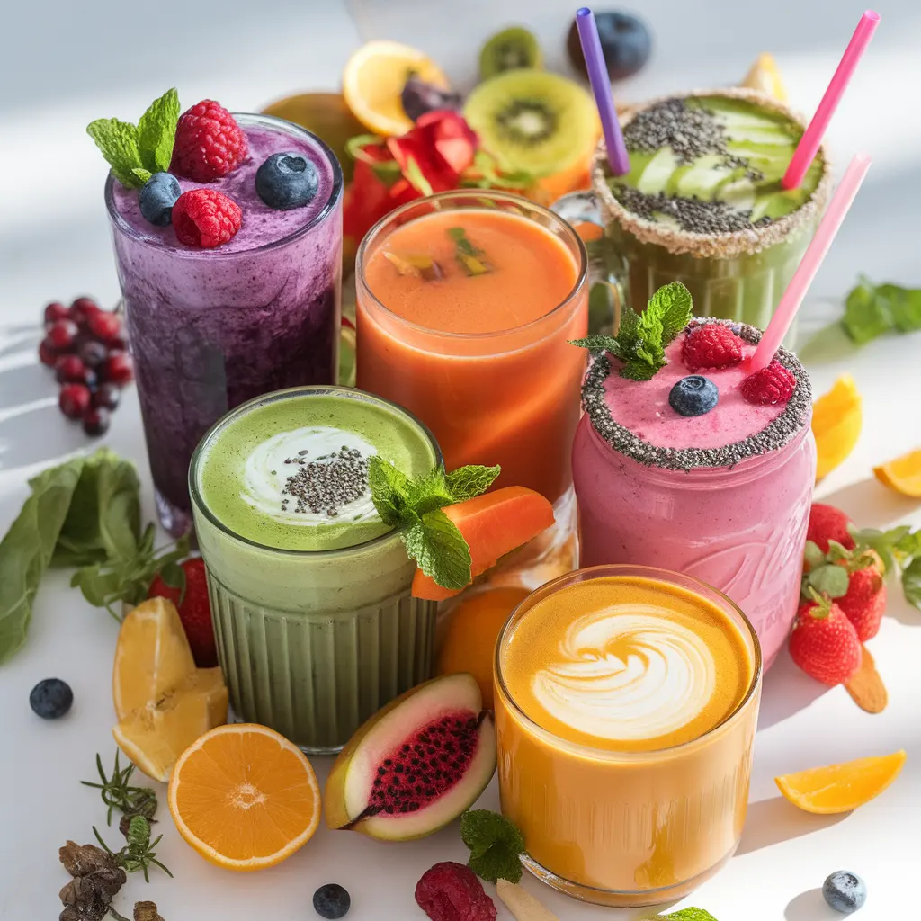 Colorful collection of healthy drinks and smoothies including berry smoothies, green juice, matcha latte, and tropical fruit drinks in clear glasses with fresh garnishes.