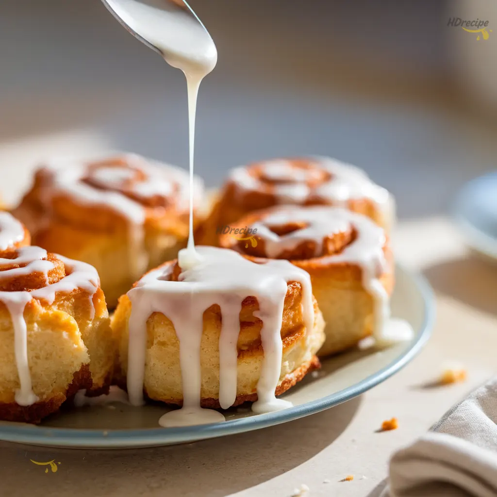 drizzling-glaze-over-cinnamon-roll-bites Overhead photo of warm cinnamon roll bites being drizzled with cream cheese glaze — glossy icing melting into the rolls under warm, natural daylight.