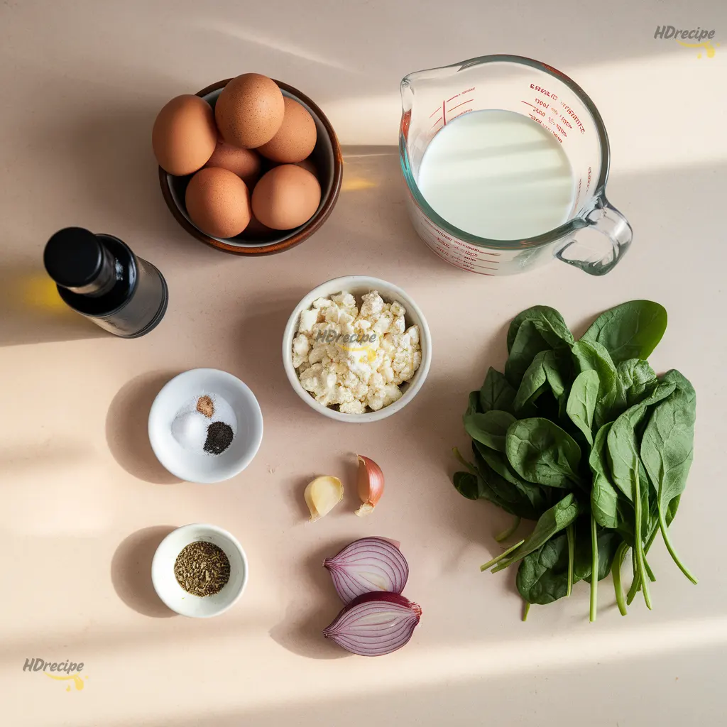 egg-muffins-ingredients-flatlay Ingredients for spinach and feta egg muffins laid out on a light beige counter — eggs, spinach, feta, milk, garlic, and herbs ready for a healthy breakfast meal prep