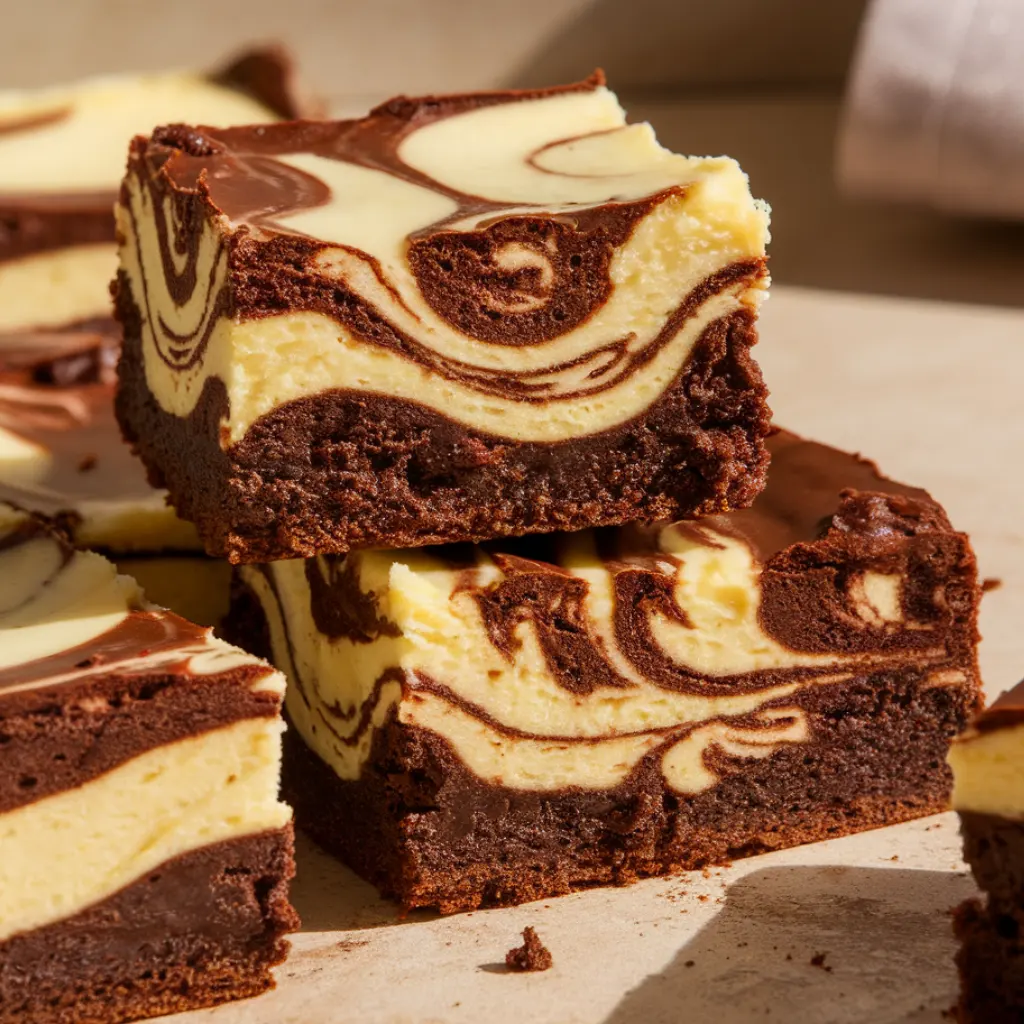 Fudgy cheesecake swirl brownies close-up.
