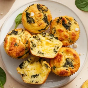 olden, fluffy egg muffins with spinach and feta on a light beige counter — high-protein breakfast meal prep idea, healthy and easy grab-and-go breakfast.
