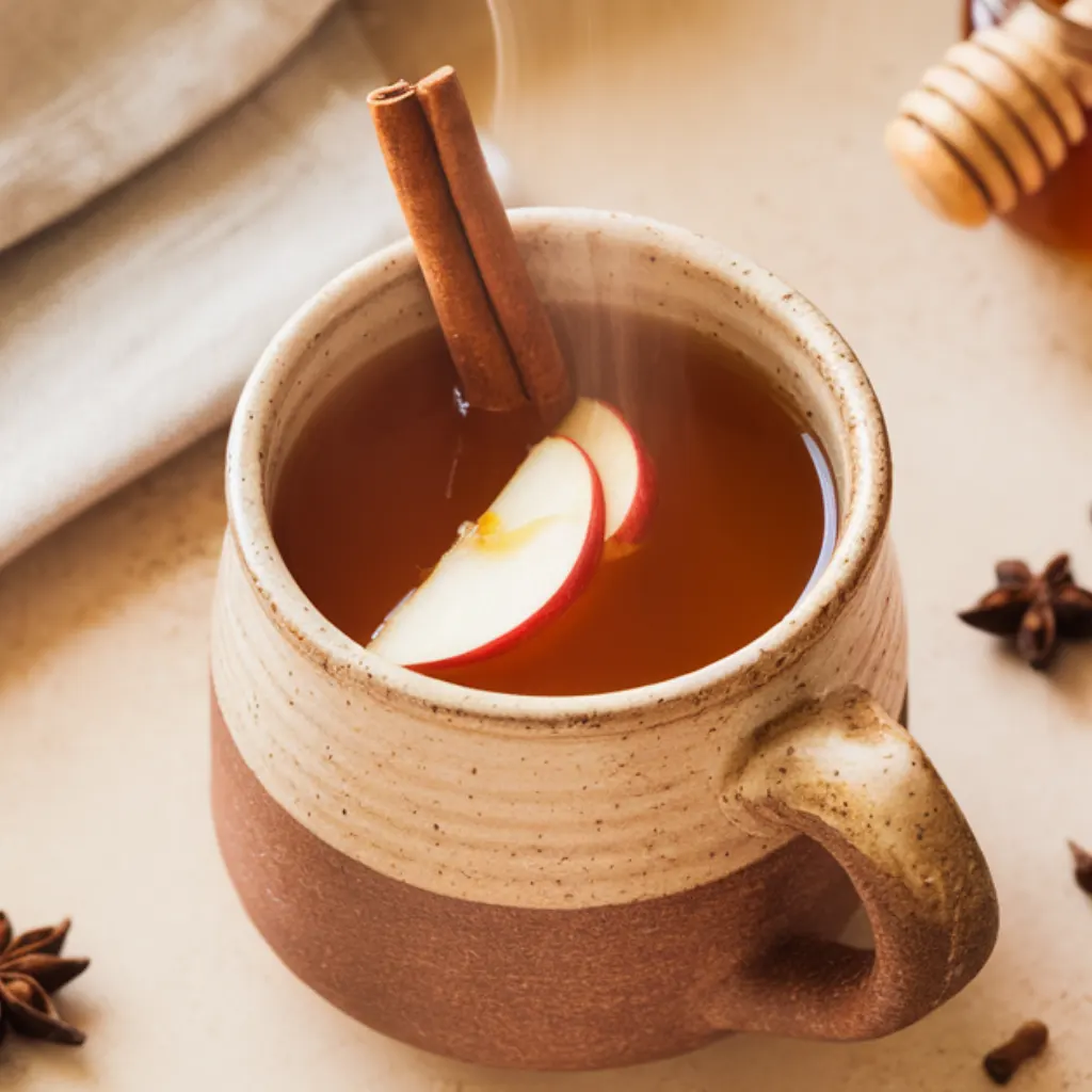 Overhead view of a rustic mug filled with homemade spiced apple cider, topped with cinnamon stick and apple slice.