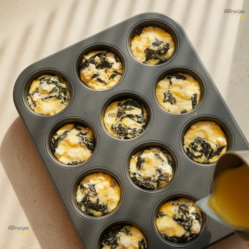 filling-egg-muffin-tin Pouring spinach and feta egg mixture into muffin tin — healthy breakfast meal prep idea for busy mornings