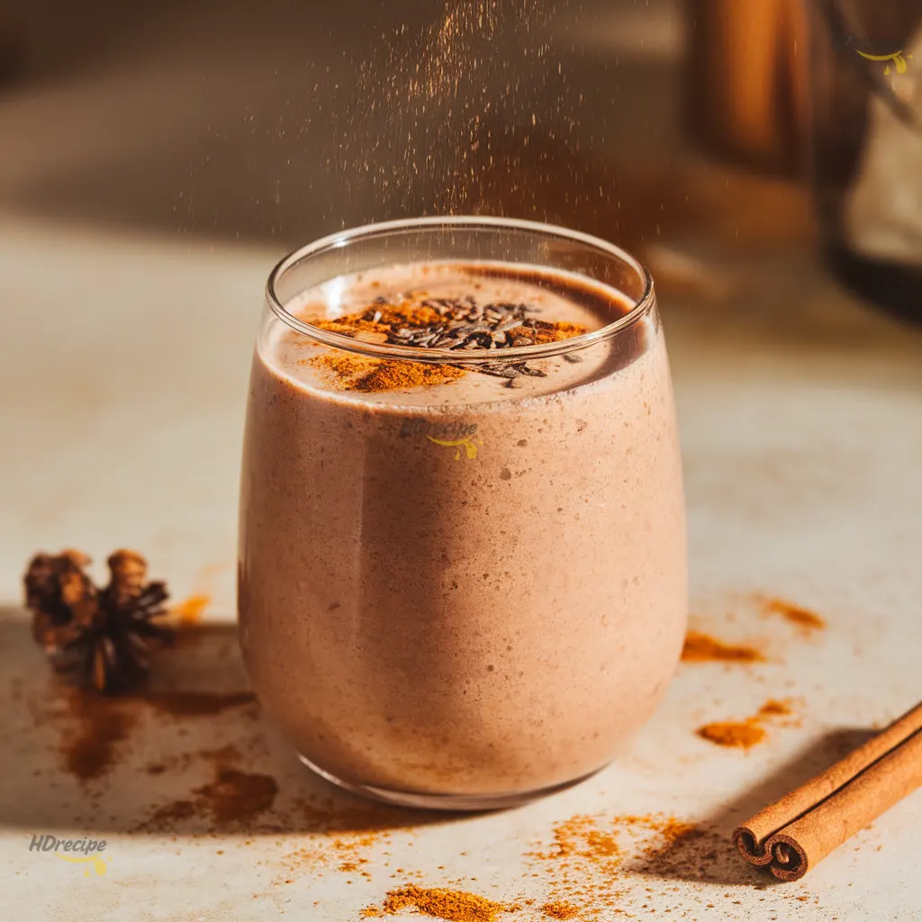 finished-winter-smoothie-closeup Close-up of thick creamy winter smoothie topped with cinnamon and flaxseed, sitting on a light beige countertop with soft daylight.
