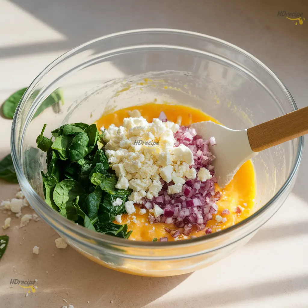 folding-spinach-feta-mix Mixing eggs, spinach, and feta for savory breakfast muffins — simple meal prep recipe loaded with protein and veggies.