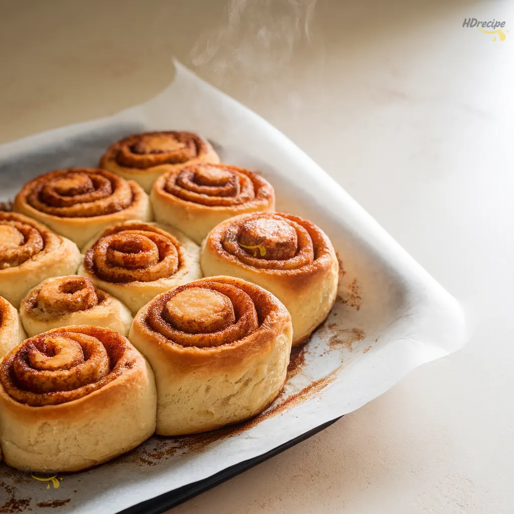 fresh-baked-cinnamon-roll-bites-tray Golden baked cinnamon roll bites on a tray just out of the oven, steam rising slightly, glaze drizzled, and soft golden highlights that make the texture pop.