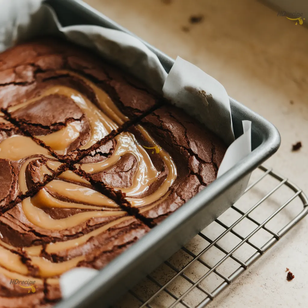 fresh-baked-salted-caramel-brownies-in-pan Pan of freshly baked salted caramel swirl brownies cooling on a rack.