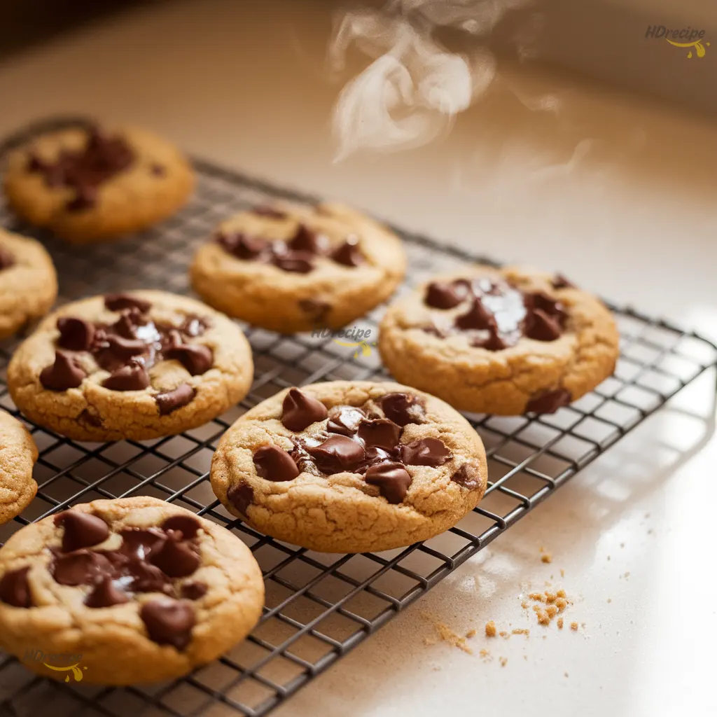 fresh-baked-tahini-cookies-cooling Golden tahini chocolate chip cookies cooling on a wire rack with melted chocolate and crisp edges under soft natural daylight.