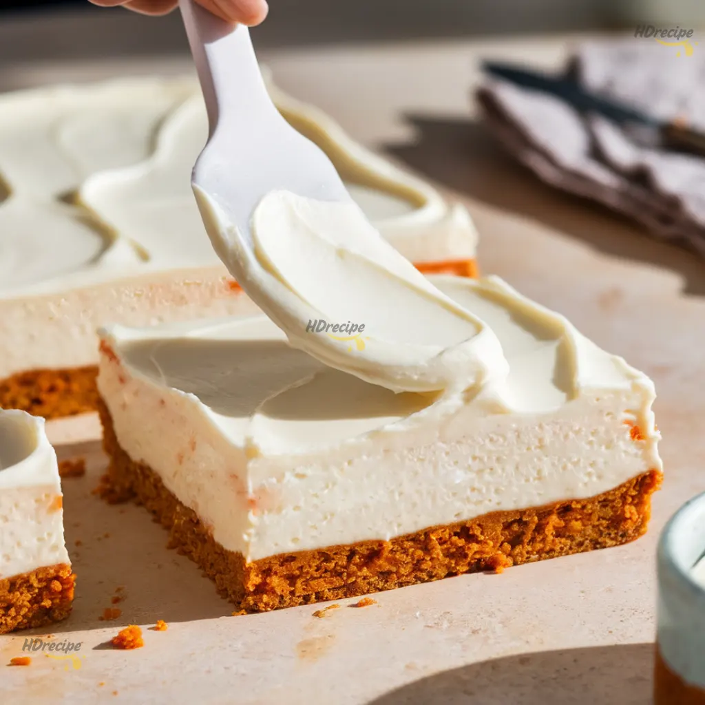 frosting-gluten-free-carrot-cake-cheesecake-bars Spreading cream cheese frosting on cheesecake bars.