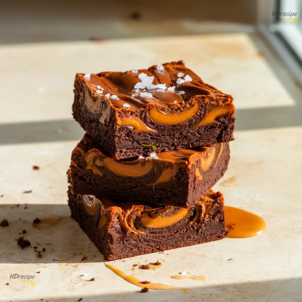fudgy-caramel-brownie-closeup-texture Close-up of a fudgy salted caramel swirl brownie with gooey caramel and sea salt crystals.