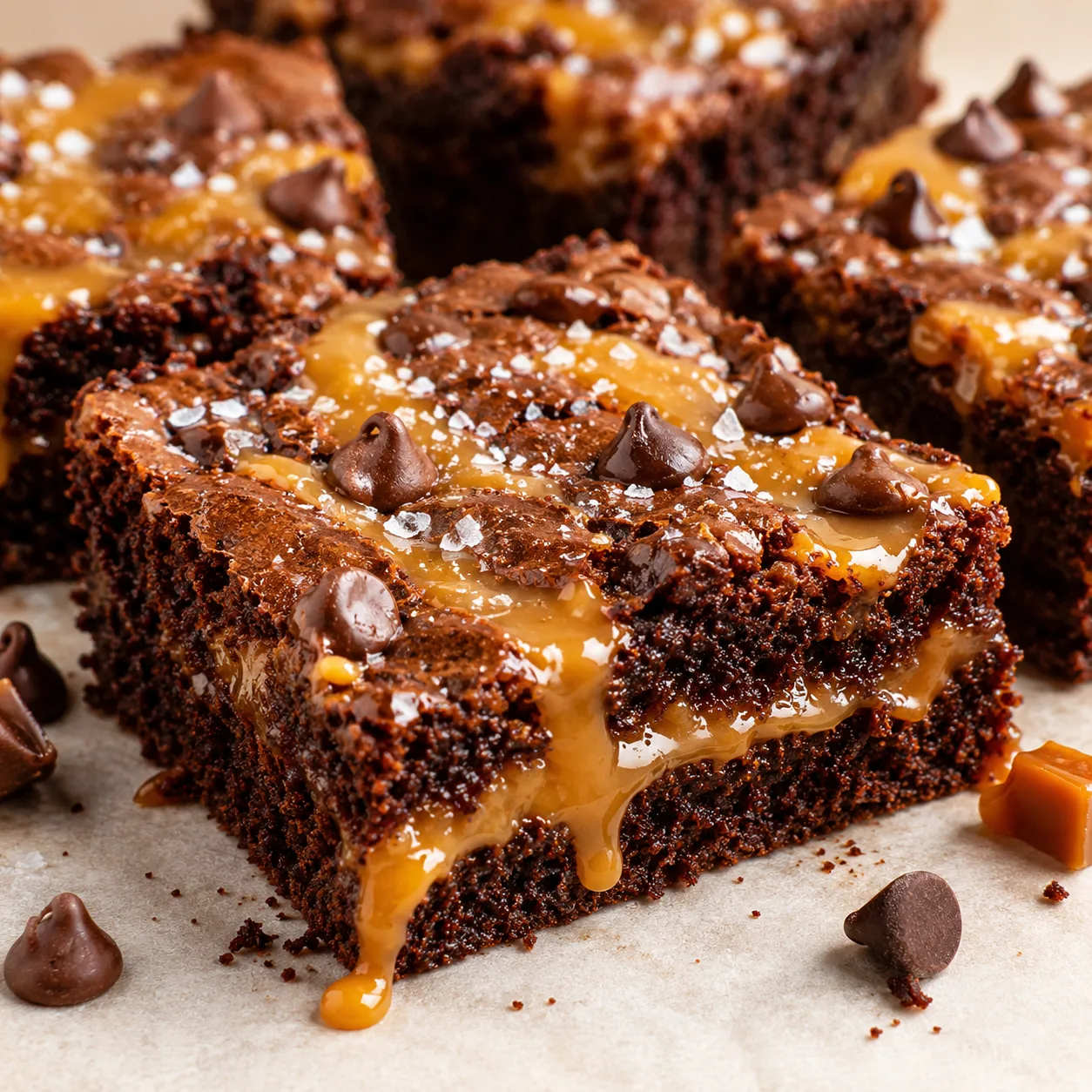 fudgy salted caramel swirl brownie with gooey caramel Fudgy salted caramel brownie close up with melted caramel swirl and sea salt flakes, decadent chocolate dessert bar, homemade sweet snack, and gooey brownie texture