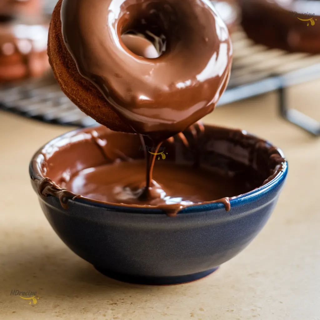glazing-fresh-chocolate-yeast-donuts Freshly fried chocolate yeast donut being dipped into glossy glaze with chocolate drips and cooling rack in the background.