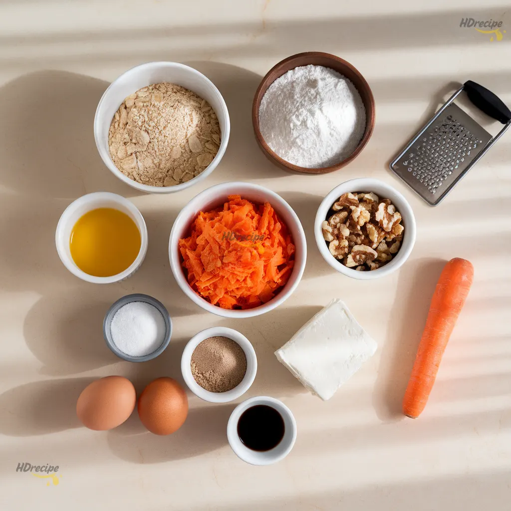 gluten-free-carrot-cake-cheesecake-bars-ingredients-flatlay Ingredients for carrot cake cheesecake bars on beige countertop.