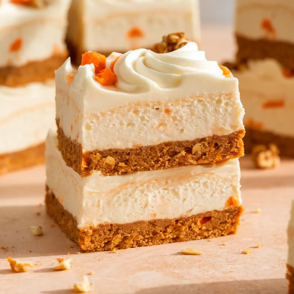 Gluten free carrot cake cheesecake bars stacked with frosting and crumbs.