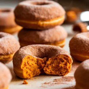 Gluten-free pumpkin donuts with cinnamon sugar, one broken open.