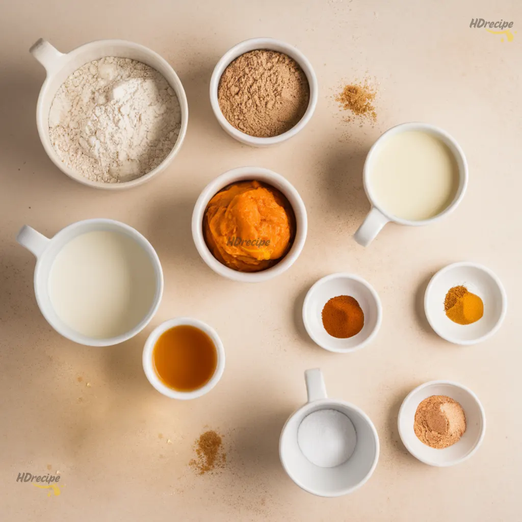 gluten-free-pumpkin-donuts-ingredients-flatlay Ingredients for gluten free pumpkin donuts on beige counter.